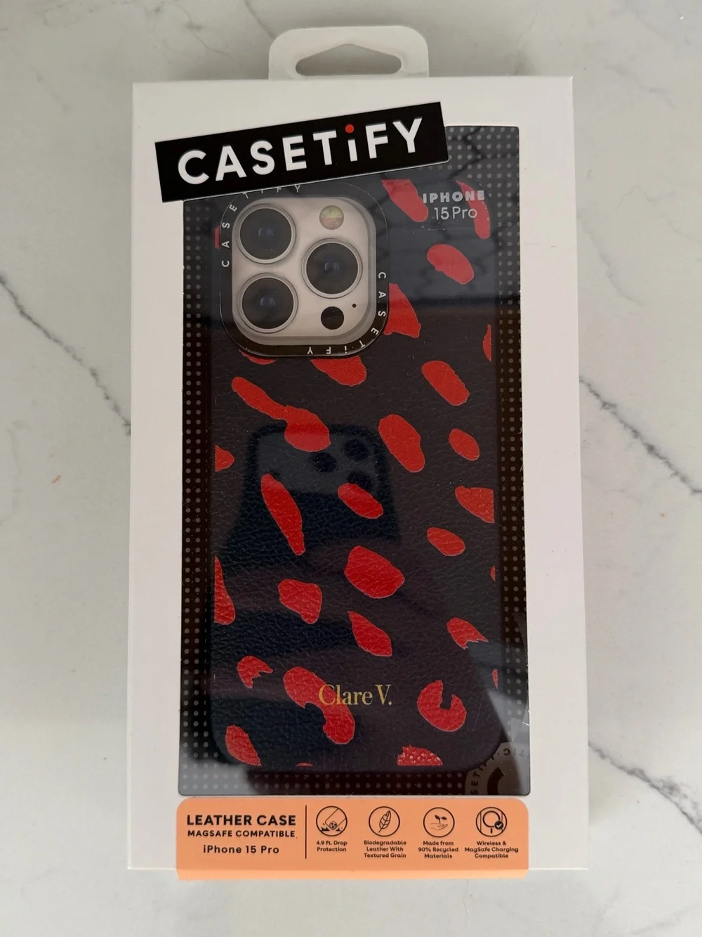 Clare V. x Casetify Navy with Poppy Jaguar Print Leather iPhone 15 Pro Case